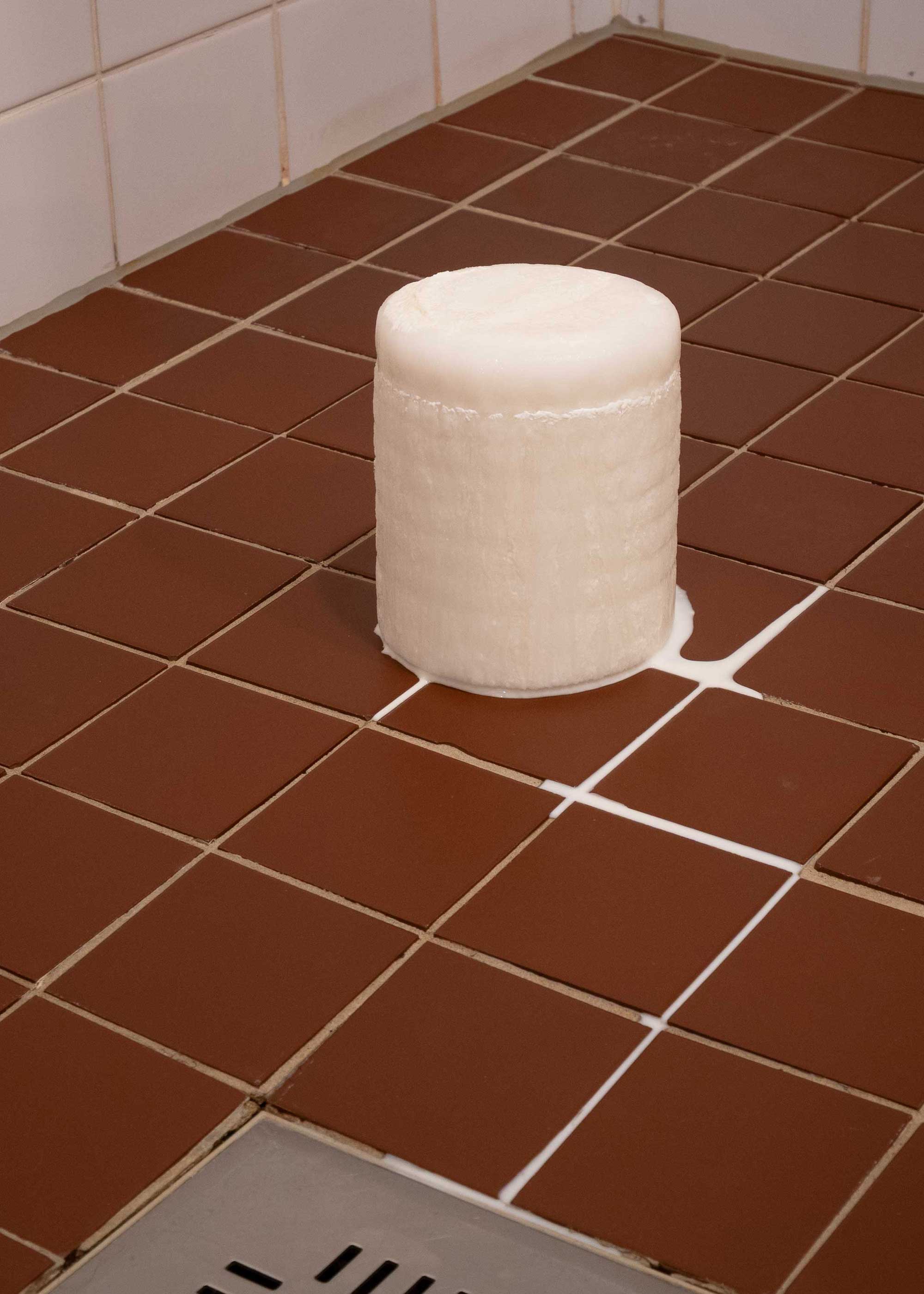 Luka Berchtold - piece of milk, 2026, 17 × 13 × 13 cm to liquid, melting frozen formula (c) Clemens Tschurtschenthaler